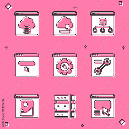 Set Cloud technology data transfer, Server, Data, Search engine, Browser setting, Photo retouching and icon. Vector