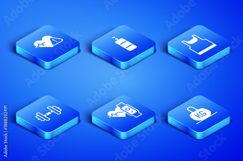 Set Weight, Heart rate, Smart watch with heart, Dumbbell, Punching bag and Sleeveless t-shirt icon. Vector