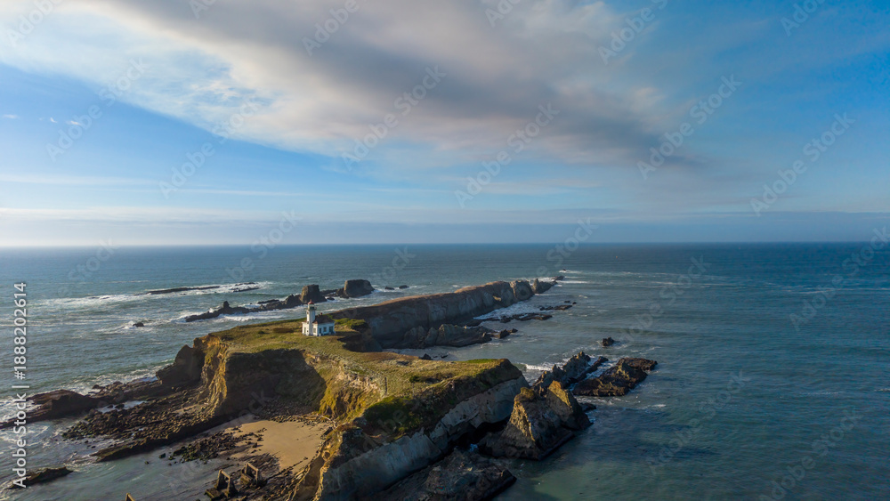 Naklejka premium Cape Arago Lighthouse near Coos Bay Oregon Coast, drone photo. 