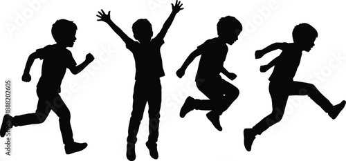 Happy kids silhouettes jumping and running, playful children activity, energetic childhood motion, freedom concept, black vector illustration