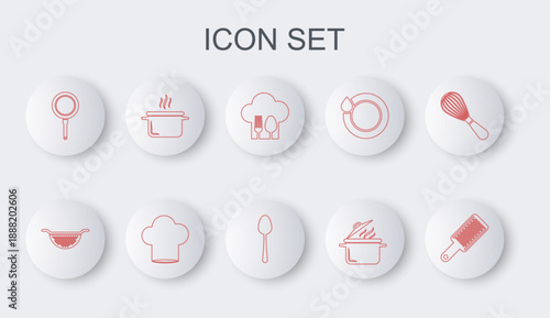 Set line Grater, Kitchen colander, Chef hat with fork spoon, Cooking pot, Frying pan, and Spoon icon. Vector