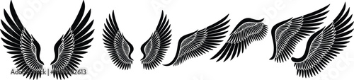 Black angel wings vector collection featuring detailed feathered bird wings in symmetrical and dynamic styles for tattoo, logo, and design use