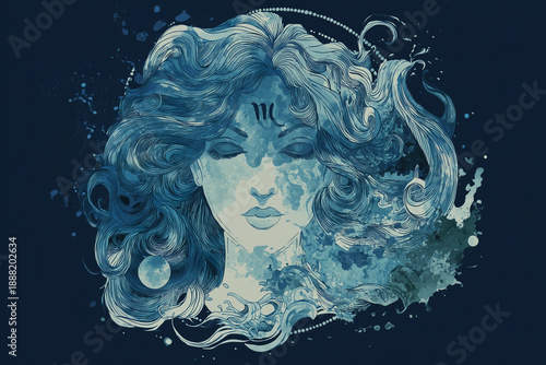Exploring originality and openness in Aquarius traits through artistic representation in deep blue tones with flowing hair and cosmic elements