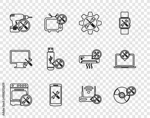 Set line Oven service, CD or DVD disk, Wrench and screwdriver in gear, Smartphone, Drill machine, USB flash, Router wi-fi with and Laptop icon. Vector