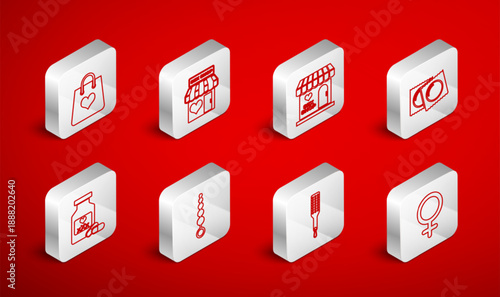 Set line Female gender symbol, Sex shop building, Condoms package, Spanking paddle, Shopping bag with heart, Anal beads and Bottle pills for potency icon. Vector