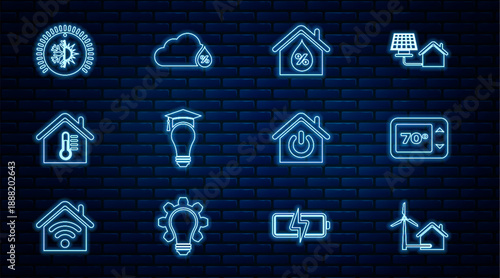 Set line House with wind turbine, Thermostat, humidity, Light bulb and graduation cap, temperature, Smart home and Humidity icon. Vector