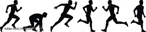 Running men silhouettes in different sprint poses, athletic male runners training, fitness sport motion concept isolated black vector illustration
