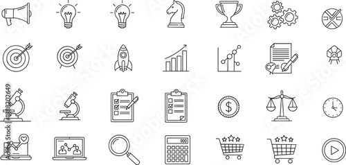 Business icons, productivity tools, analytics symbols, strategy elements, marketing visuals, research graphics, planning charts, innovation, success, leadership, growth