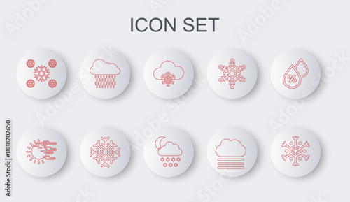 Set line Snowflake, Fog and sun, Cloud with snow, cloud, rain, and moon icon. Vector