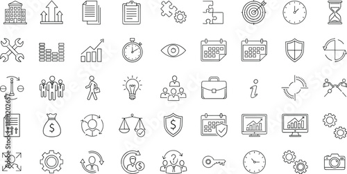 Business icons, productivity tools, planning symbols, financial growth, teamwork, time management, data analysis, strategy, calendar, gear, briefcase, light bulb