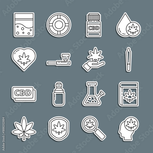 Set line Head with marijuana or cannabis, Book and, Marijuana joint, Medical bottle, Smoking pipe, leaf heart, Plastic bag of and icon. Vector