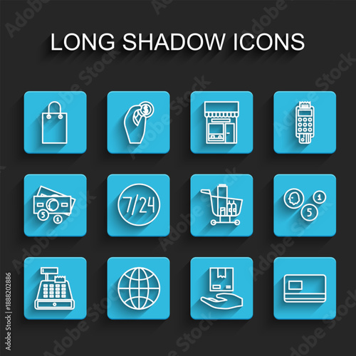 Set line Cash register machine, Worldwide, Paper shopping bag, Delivery hand with boxes, Credit card, Clock 24 hours, Coin money and Shopping cart food icon. Vector