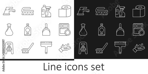 Set line Washing hands with soap, Kitchen dishwasher machine, Bottles for cleaning agent, Hand sanitizer bottle, Garbage bag, Water tap, Dustpan and Brush icon. Vector
