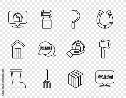 Set line Waterproof rubber boot, Location farm, Sickle, Garden pitchfork, house, Speech bubble with Farm, Bale hay and Wooden axe icon. Vector