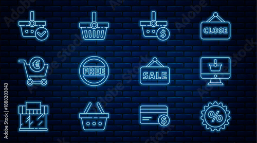 Set line Discount percent tag, Monitor with shopping basket, Shopping and dollar, Price Free, cart euro, check mark, Hanging sign Sale and icon. Vector