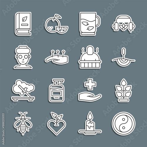 Set line Yin Yang, Plant, Acupuncture therapy, Cup of tea and leaf, Facial cosmetic mask, Medical book and Sauna spa procedures icon. Vector