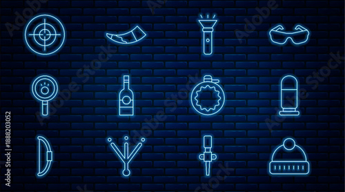 Set line Winter hat, Bullet, Flashlight, Bottle of vodka, Paw search, Target sport, Canteen water bottle and Hunting horn icon. Vector