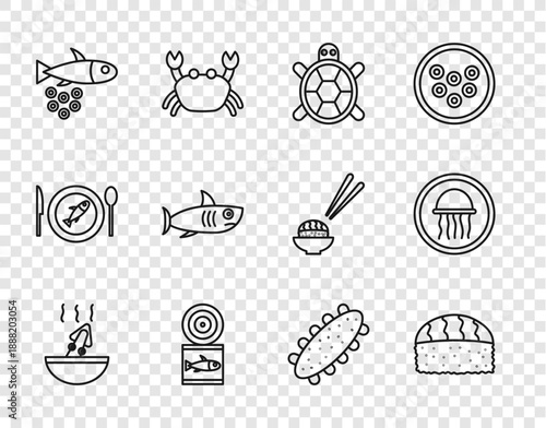 Set line Soup with octopus, Sushi, Turtle, Canned fish, Fish caviar, Shark, Sea cucumber and Jellyfish on plate icon. Vector