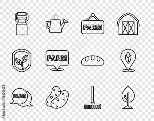 Set line Speech bubble with Farm, Tree, Signboard text, Potato, Can container for milk, Location farm, Garden rake and corn icon. Vector