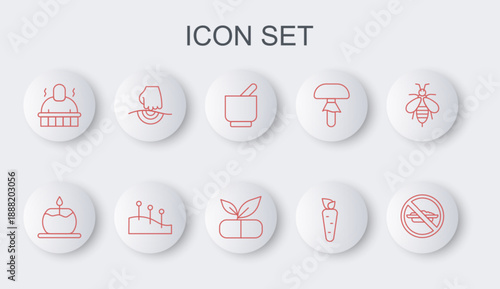 Set line Food no diet, Aroma candle, Mortar pestle, Carrot, Sauna spa procedures, Massage, Acupuncture therapy and Medical pill with plant icon. Vector