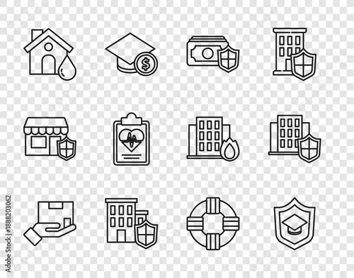 Set line Delivery insurance, Graduation cap with shield, Money, House, flood, Health, Lifebuoy and icon. Vector