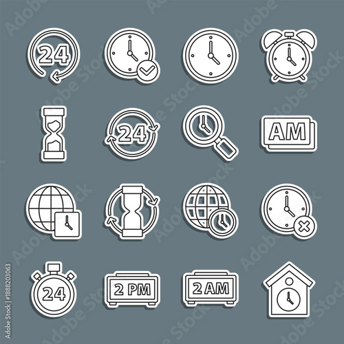 Set line Retro wall watch, Clock delete, AM, 24 hours, Old hourglass, and Magnifying with clock icon. Vector