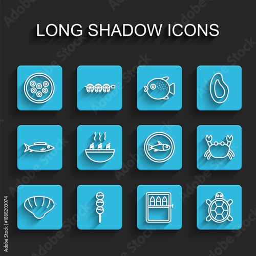 Set line Scallop sea shell, Takoyaki on stick, Caviar plate, Canned fish, Turtle, Soup with shrimps, Crab and Served icon. Vector