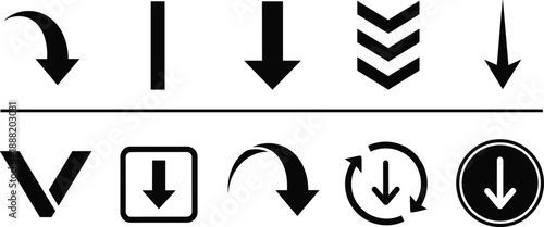 Collection of downward arrow icons in multiple styles, vector symbols for navigation, user interface, direction indicators, web design, and digital graphics