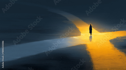 Human figure standing at a crossroads, one path glowing with light, the other fading into shadow