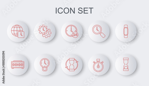 Set line Old hourglass, Digital alarm clock, Clock 24 hours, Stopwatch, World time, Time Management, and icon. Vector