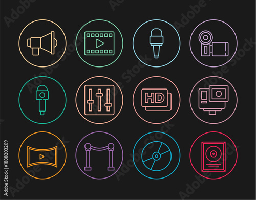 Set line CD disk award in frame, Action extreme camera, Microphone, Sound mixer controller, Megaphone, Hd movie, tape, and Play Video icon. Vector