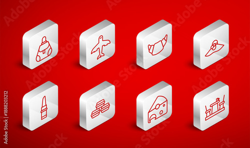 Set line French cafe, Plane, Croissant, Elegant women hat, Cheese, Handbag, Macaron cookie and Lipstick icon. Vector