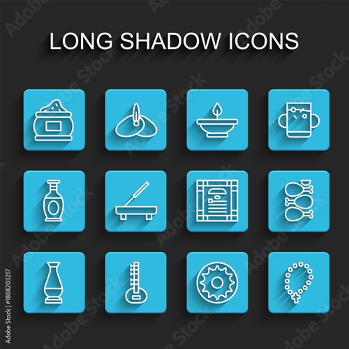 Set line Indian vase, Sitar, spice, Chakra, Rosary beads religion, Scented spa stick, Tandoori chicken and constitution day icon. Vector