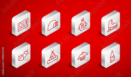 Set line Wooden log, Igloo ice house, Maple syrup, Skates, Christmas sweater, Canadian dollar, Indian teepee or wigwam and Acorn icon. Vector