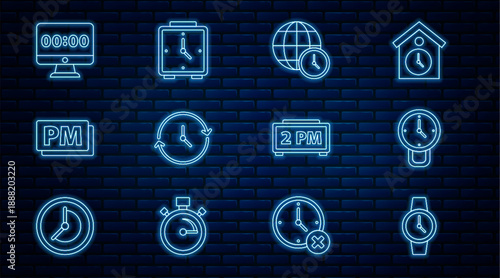 Set line Wrist watch, Clock, World time, PM, on monitor, Digital alarm clock and Alarm icon. Vector