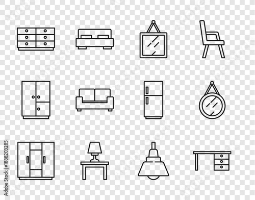 Set line Wardrobe, Office desk, Mirror, Table lamp on table, Chest of drawers, Sofa, Chandelier and icon. Vector