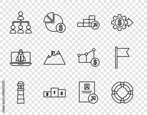 Set line Lighthouse, Business lifebuoy, Financial growth, podium, Hierarchy organogram chart, Mountains with flag, Job promotion and Location marker icon. Vector