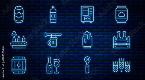Set line Wheat, Pack of beer bottles, Vending machine, Signboard with glass, Conveyor band,, Beer can, foam and Plastic icon. Vector
