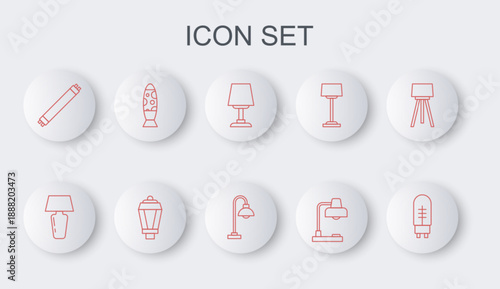 Set line Light emitting diode, Table lamp, Fluorescent, Floor, Garden light and icon. Vector