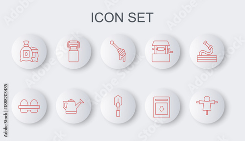 Set line Scarecrow, Chicken egg in box, Honey dipper stick, Pack full of seeds of plant, Can container for milk, Watering can and Shovel icon. Vector