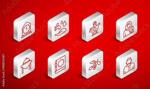 Set line Muslim man, Wudhu, Islamic teapot, woman in hijab, Date fruit, Clock, Holy book of Koran and Table food icon. Vector