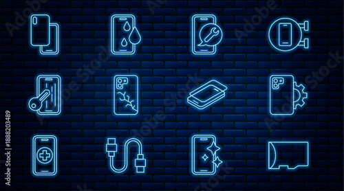 Set line Micro SD memory card, Phone repair service, Mobile, with broken screen, Glass protector, Smartphone, and Waterproof icon. Vector