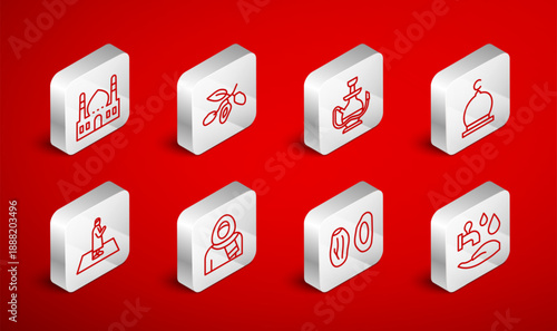 Set line Wudhu, Date fruit, Hookah, Muslim Mosque, woman in hijab and prays icon. Vector