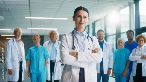 Foto Confident female doctor standing at front of camera