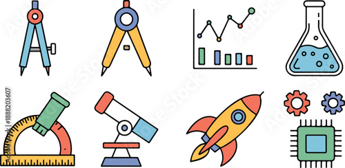 Science and technology thin line flat icon set featuring protractor compass rocket microscope and electronics