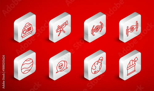 Set line Astronomical observatory, Telescope, Cosmic ship, Earth globe, Space capsule, Alien and Planet icon. Vector
