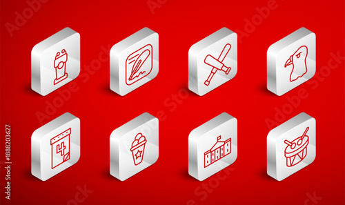 Set line Drum and drum sticks, Crossed baseball bat, Eagle head, United States Capitol Congress, Stage stand or tribune, Ice cream waffle cone and Calendar with date July 4 icon. Vector