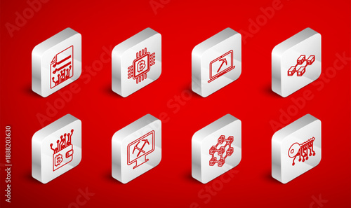 Set line Cryptocurrency key, CPU mining farm, Mining with laptop and pickaxe, Blockchain technology, Smart contract, monitor and wallet icon. Vector