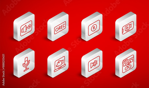 Set line Video recorder or editor, Record button, Online play video, Music settings, Speaker volume, and Microphone icon. Vector