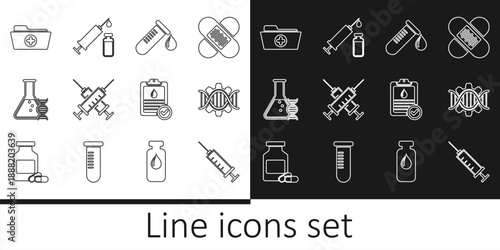 Set line Syringe, Genetic engineering, Test tube with drop of blood, Crossed syringe, DNA research, search, Health record folder, Clipboard test and Medical and vial icon. Vector